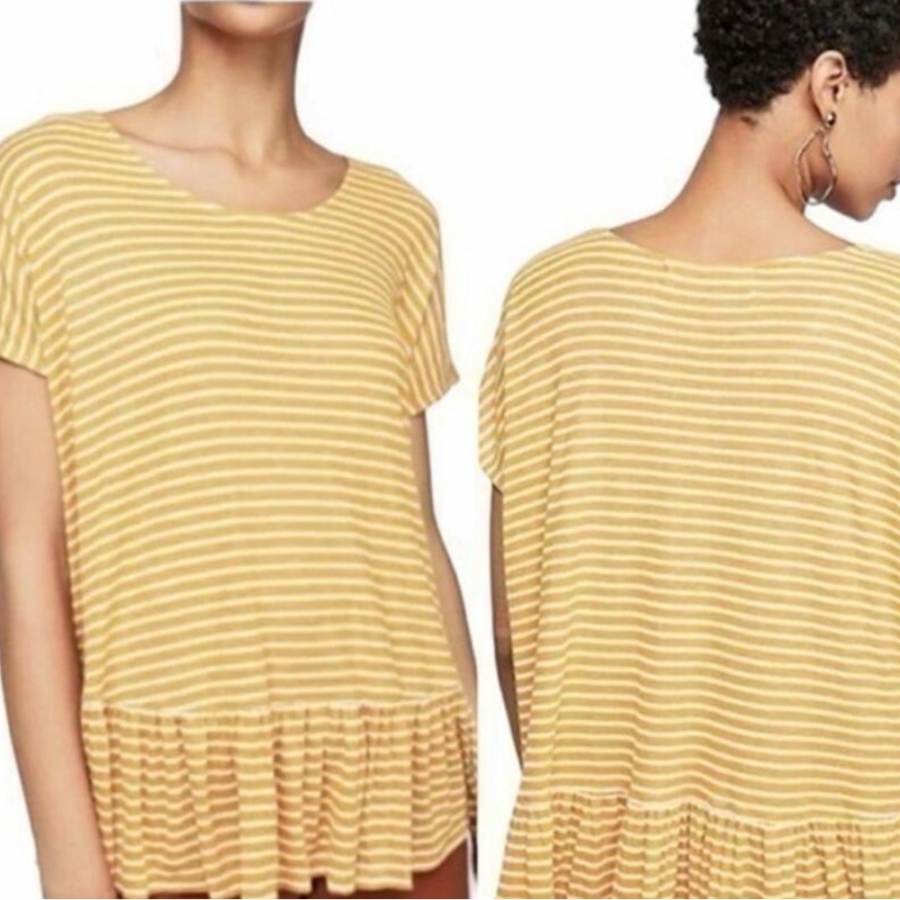 FP Beach Yellow and White Stripe Ruffle-Hem Short Sleeve Top